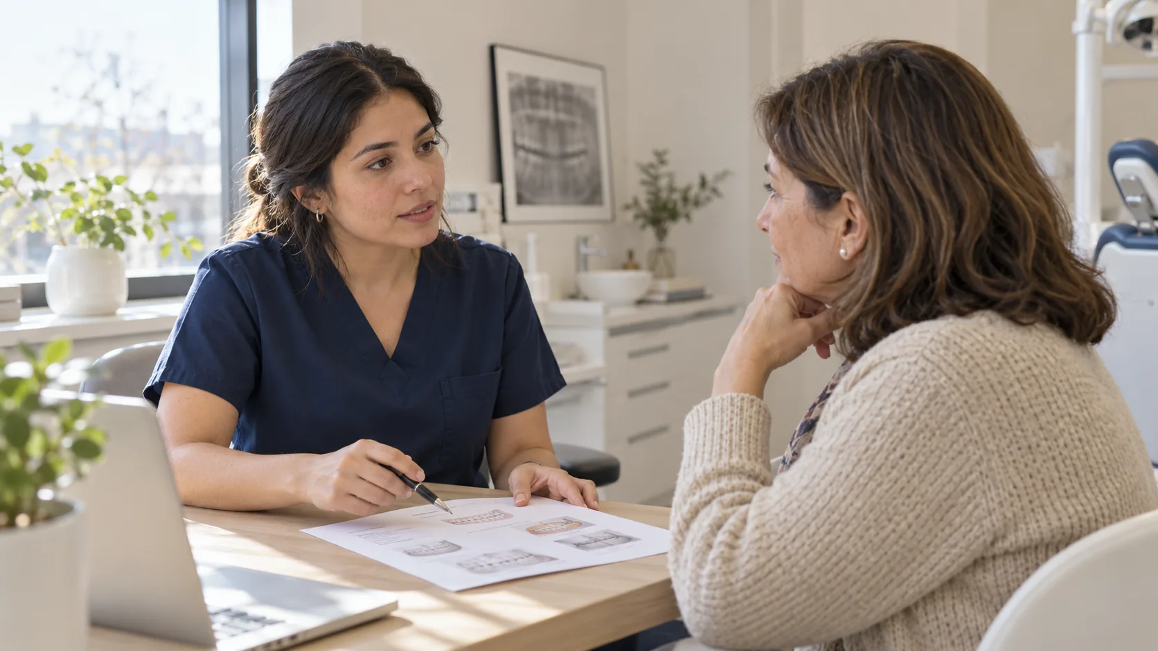 Dentista escucha a una paciente y revisa el plan de tratamiento